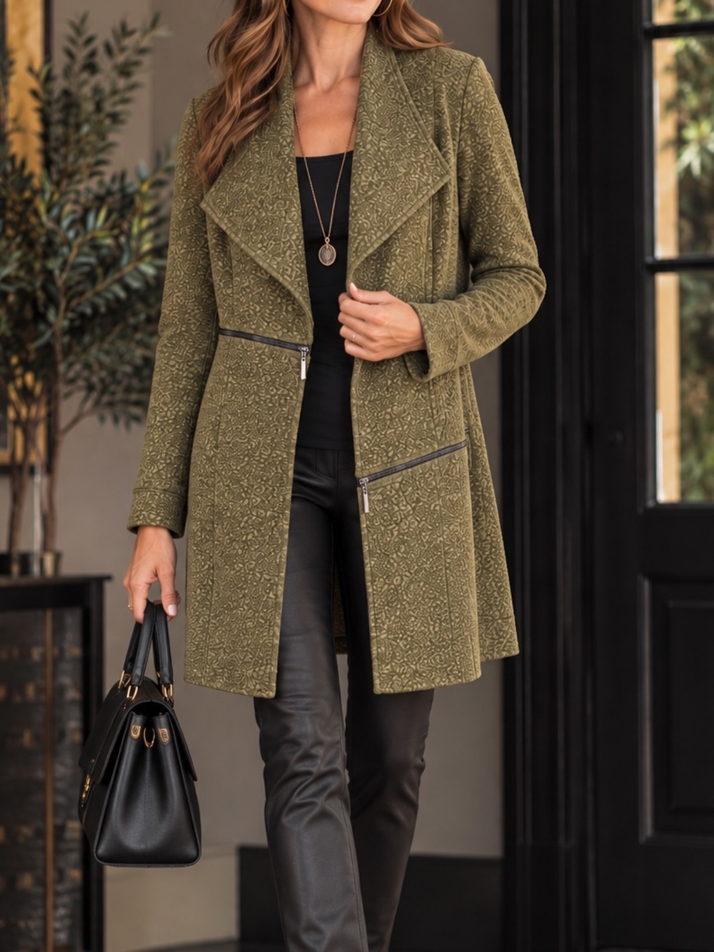 Eva Varro Barcelona Jacket Medium olive texture zipper accents edgy office - Picture 2 of 10